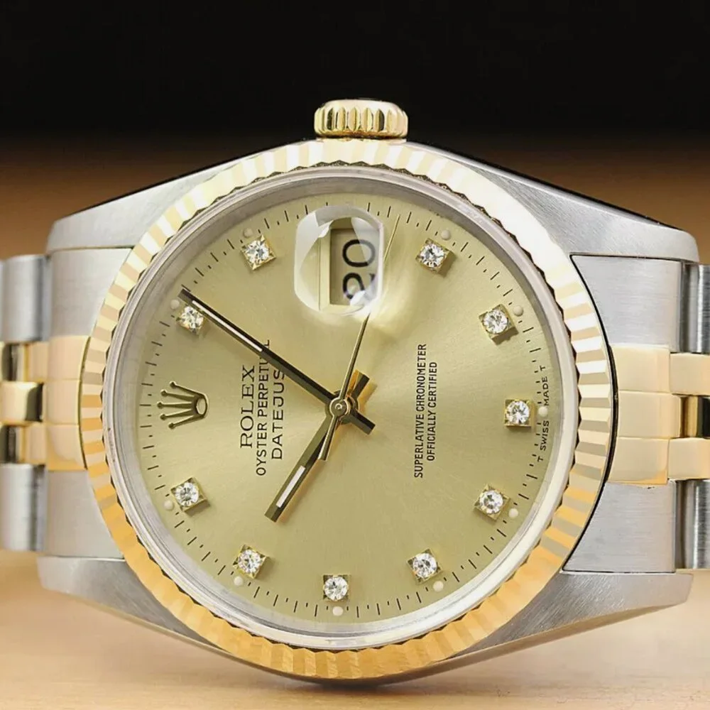 ROLEX MENS DATEJUST FACTORY DIAMOND DIAL 18K WATCH